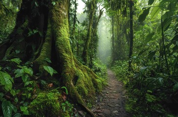 Obraz premium Lush Dense Forest Pathway Surrounded by Majestic Trees and Vibrant Greenery in a Misty Landscape of Nature's Tranquility