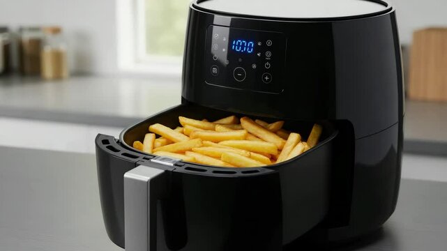 Modern black air fryer with digital display cooks golden French fries on kitchen counter, symbolizing healthy home cooking and convenience