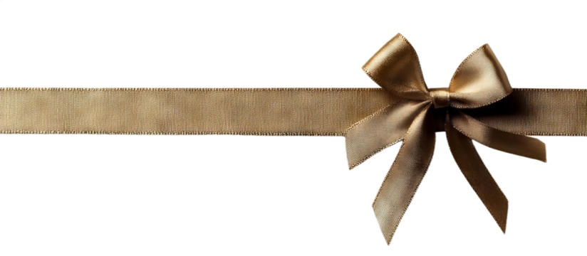 Delicate gold ribbon lies flat with a neatly tied bow on one end, perfect for adorning gifts, event decor, or crafting. Its shiny texture adds a touch of elegance to any presentation
