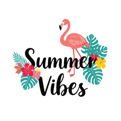 Summer Vibes Tropical Illustration with Flamingo and Flowers