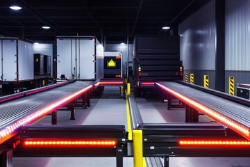 Industrial loading dock equipped with a state-of-the-art automated conveyor belt system guiding packages onto high-capacity freight trucks with LED strip