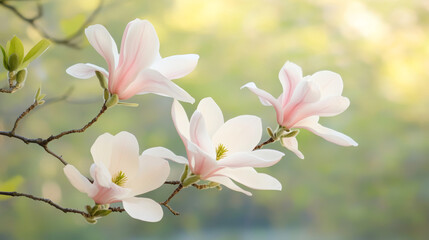 Obraz premium Delicate white magnolia flowers blooming against a soft background 