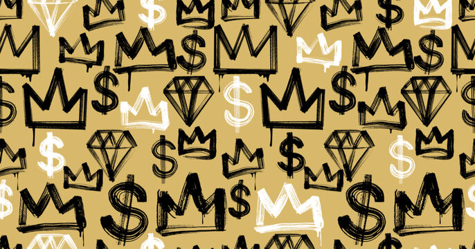Fototapeta Street graffiti seamless pattern. Grunge black crown, dollar and diamond signs are painted with a dry brush isolated on gold background. Grunge texture. Vector flat graphic hand drawn illustration.