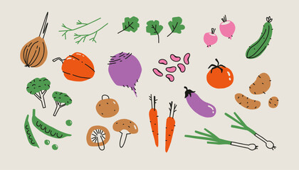 Doodle vegetable set. Hand drawn vegetables, organic farm natural food, colorful flat icons of tomato carrot onion garlic cucumber pepper zucchini. Vector veggies collection
