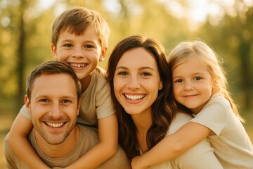 Happy Family Portrait in Nature with Boy and Girl Smiling Together