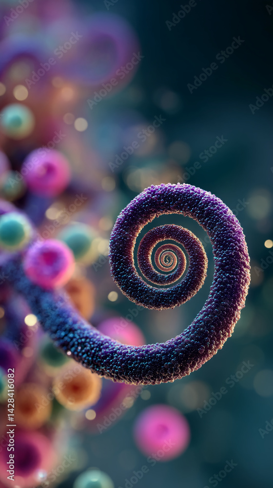 Aufkleber close-up of a purple spiral structure with textured surface, surrounded by colorful spheres, creatin