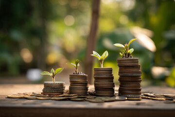 Four stacks of coins, increasing in height, each topped with a growing plant, against a blurred green background, symbolizing growth and financial investment