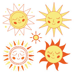Cute Cartoon Suns Set Happy Smiling Faces Summer Design Elements