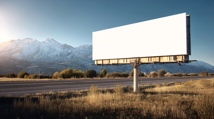 Empty Advertising Billboard in Rural Field with Mountain Backdrop