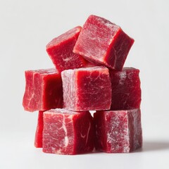 A stack of fresh raw cubed red beef meat pieces isolated on white background