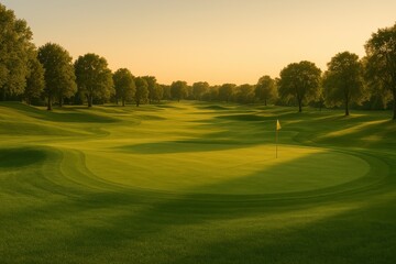 Serene Golf Course Landscape at Sunset with Golden Hour Glow