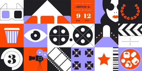 Cinema movie pattern. Geometric cinematic poster with film camera, abstract popcorn, movie ticket, cinema glasses and clapboard. Vector cinema background