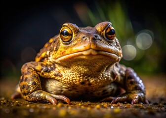 Dark Common Toad, Bufo bufo, Amphibian, Night Photography, Rule of Thirds, Closeup, Macro, Wildlife Photography, Nocturnal Animal, Reptile, Toad, Frog, Nature.