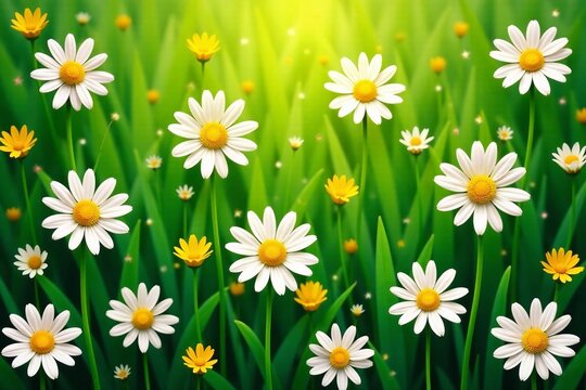 Seamless pattern of vibrant daisies in a lush green field, vibrant, floral, spring