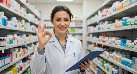 Young female pharmacist in a white lab coat giving an okay sign in a pharmacy setting. Smiling and holding a clipboard, surrounded by various medications.