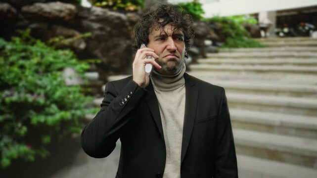 Young man outdoors in the city covers nose while talking on cellphone, wearing stylish black suit with greenery and stairs in the background.
