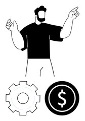 Man pointing to the right with bold gestures above a gear and dollar icon. Ideal for business solutions, innovation, finance, leadership, strategy, technology, simple landing page