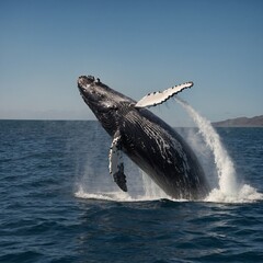 Fototapeta premium Whale Breaching in Open Ocean Waters
