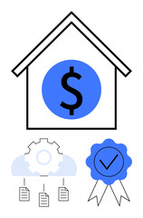 House outline highlights blue dollar sign, cloud database linked to documents, gear symbol for development, and quality badge with a checkmark. Ideal for housing finance, investment, data management