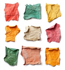 Nine colorful crumpled paper scraps isolated on white.