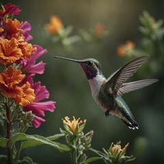 Fototapeta premium Hummingbird Hovering Over a Bright Flower