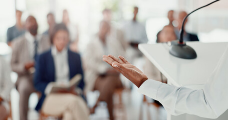 Presentation, hands of speaker and business people in office listening for conference, training and...
