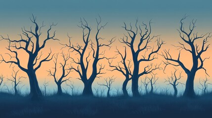 Silhouetted barren trees against a muted twilight sky.