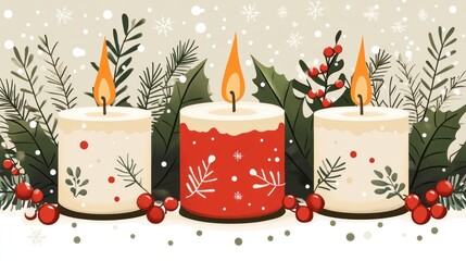 Festive Trio of Lit Candles amid Winter Foliage