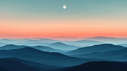 Misty mountain range at twilight with a pale moon.