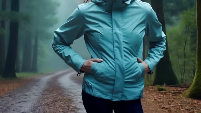 A young woman models a blue fitness rain jacket in the rain