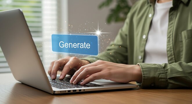 Person generating content using AI on a laptop, showcasing modern technology