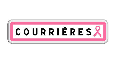 Fototapeta premium Panneau de sortie de Courrières, Pas-de-Calais, Hauts-de-France avec Ruban Octobre Rose