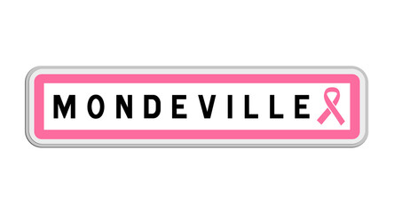 Panneau de sortie de Mondeville, Calvados, Normandie avec Ruban Octobre Rose