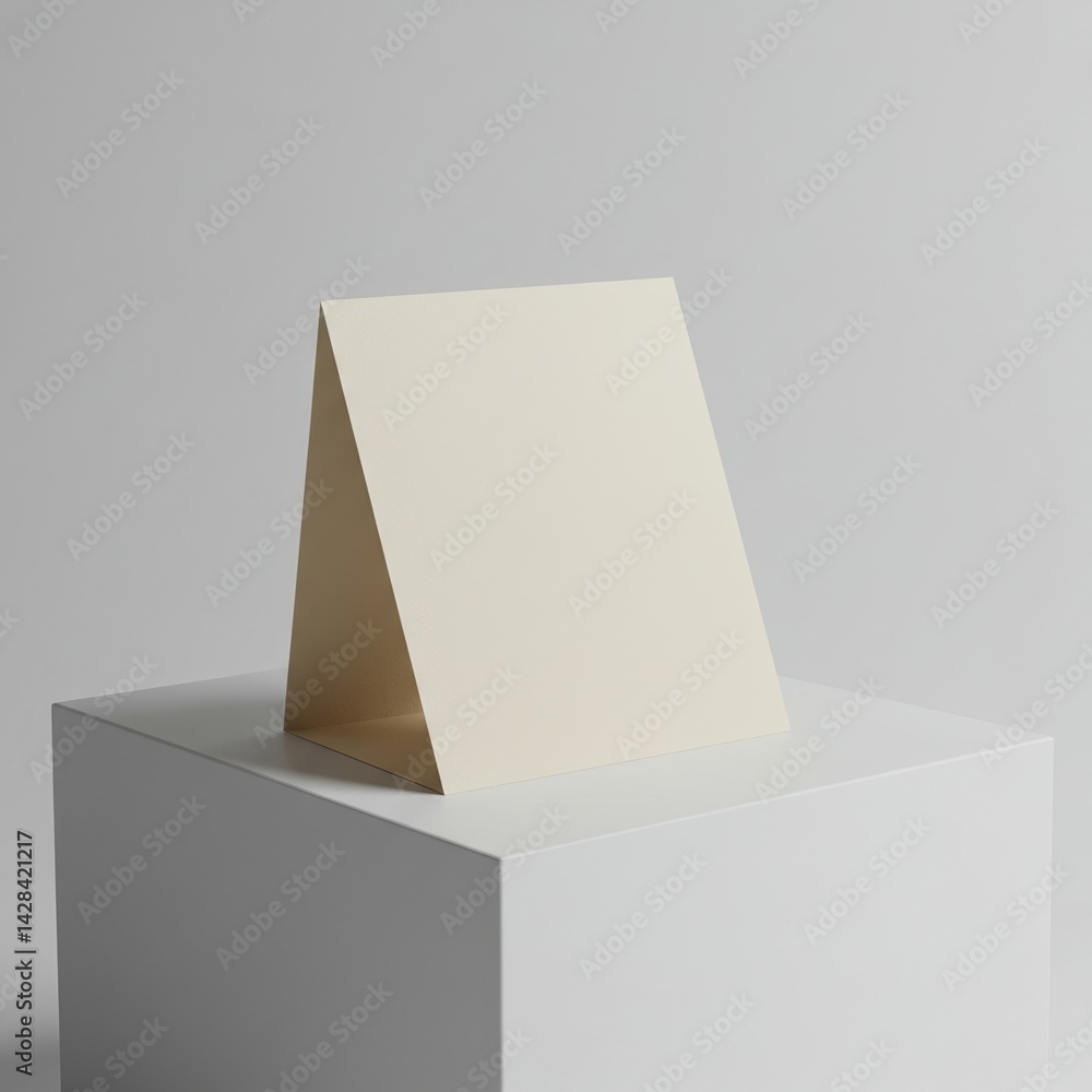 Poster cream colored blank rectangular piece of paper on a white cube in a studio setting. modern minimalis