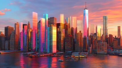 Colorful New York City skyline at sunset, illuminated with vibrant hues.