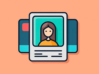 Minimal vector illustration of a female profile identification card with stylized avatar on colorful background with layered card design