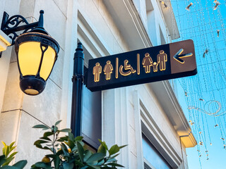 Directional sign indicating restrooms and accessibility features in public space