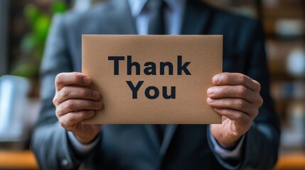 Businessman holds a thank you card.