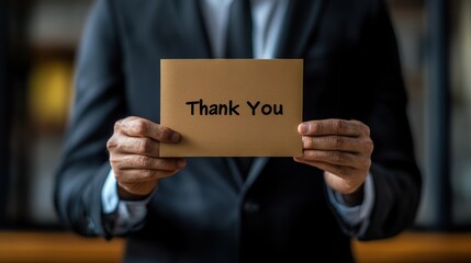 Business professional holds a thank you card.