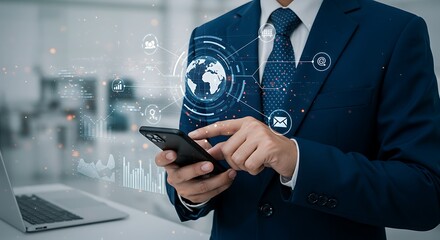 Digital transformation in global enterprise, man using mobile phone with graphics