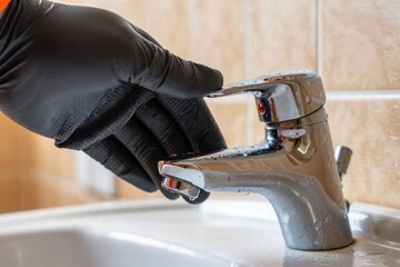 Close up of unrecognizable black plumber's hand trying to open a water tap at bathroom