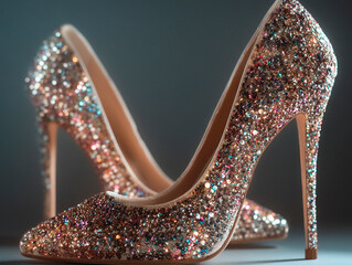 Sparkling high heel shoes covered in multicolored glitter standing on a dark background, exuding glamour and elegance