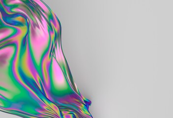 Colorful abstract 3D illustration of iridescent flowing fabric with green, pink, and purple hues on a smooth gray background, evoking a sense of movement and fluidity.
