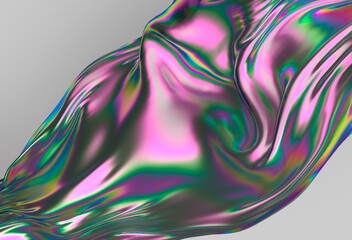 Obraz premium Vibrant 3D illustration showing shiny, iridescent material with flowing green, pink, and purple hues, resembling liquid fabric, against a soft gray background. 