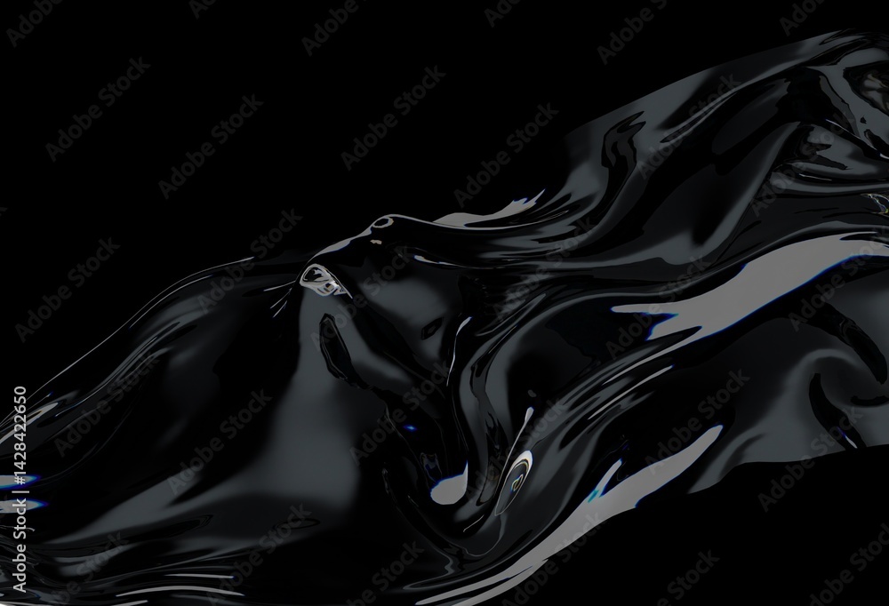 Aufkleber 3D illustration shows a translucent liquid-like surface with glossy waves, reflecting light in an abstract, flowing pattern against a black background.