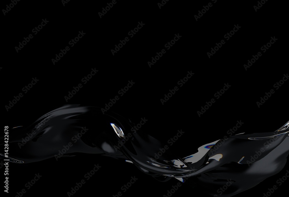 Poster 3d illustration shows a translucent liquid-like surface with glossy waves, reflecting light in an ab