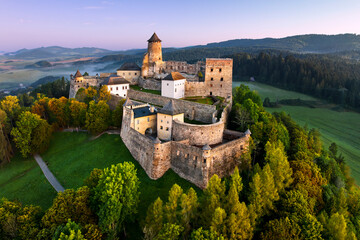 Aerial view of the Stara Ľubovna castle on early summer morning