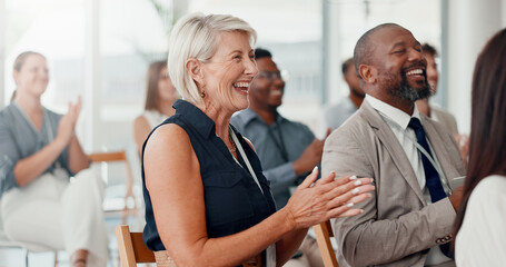 Conference, applause and business people with achievement, smile and feedback with support....