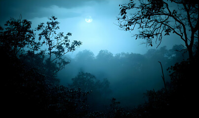 Fototapeta premium Enigmatic Moonlight Forest: Misty Night Scene
