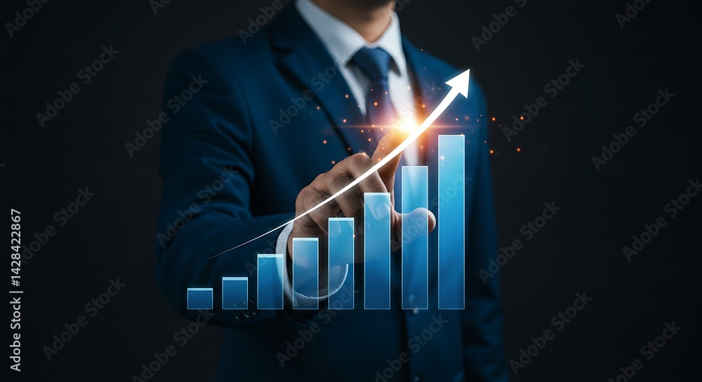 Poster visual representation of business growth with a rising graph and arrow symbol